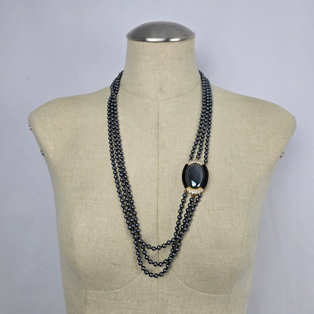 Vintage Hematite Bead Multi-Strand Necklace with Black Cabochon Accent